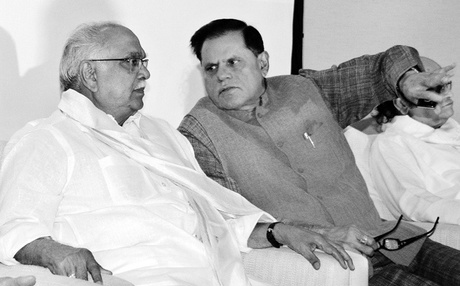 Rajya Sabha MP T Subbarami Reddy having a word with veteran actor Akkineni Nageswara Rao during the media conference to announce TSR TV9 national film awards for the year 2011-12 in Hyderabad on Saturday. | Express Photo