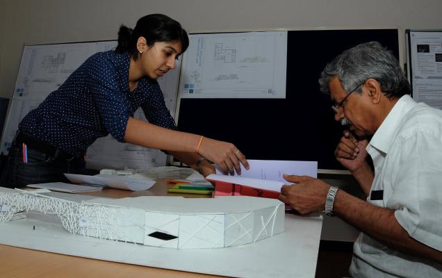 A final-year student of School of Planning and Architecture, Vijayawada explaining her project details to external jury member Balbir Verma as part of thesis presentation on Thursday./ Photo: Ch. Vijaya Bhaskar / The Hindu