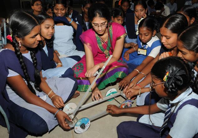 A student of Danekula Engineering College explaining a few basic machines to visual impaired students at Vijaya Mery Integrated School in Vijayawada on Friday./ Photo: Ch.Vijaya Bhaskar / The Hindu