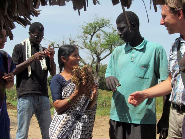 Chinna Narsamma, a member of the DDS, exchanging millet seeds with a delegate from Senegal at Pastapur in Medak district on Tuesday./ Photo: Mohd. Arif / The Hindu