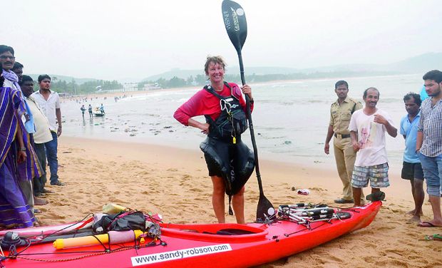 Australian Kayaker, Sandy Robson who was on a kayak expedition from Germany to Australia arrives at Rushikonda Beach (Photo: DC)