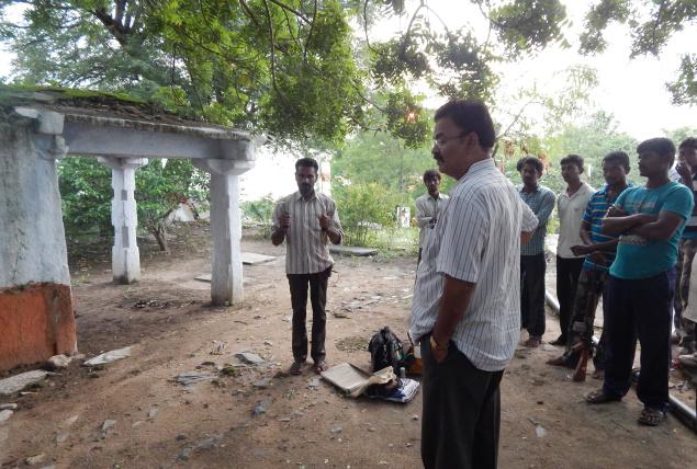 Archaeological Department Assistant Director K. Chittibabu inspecting the site where a five-member gang was arrested at the Lord Shiva Temple at Kethavaram in Guntur district. - Photo: By arrangement