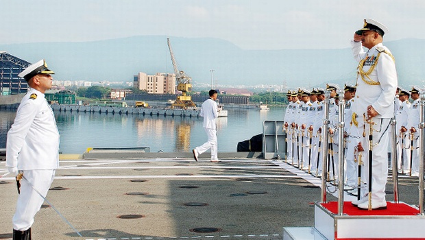Rear Admiral Ajendra Bahadur Singh at the change of guard ceremony held in Visakhapatnam on Tuesday | EXPRESS PHOTO