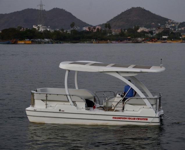 The pontoon shaped solar-powered boat all set to be launched in River Krishna on Ugadi day in Vijayawada. Photo: V. Raju