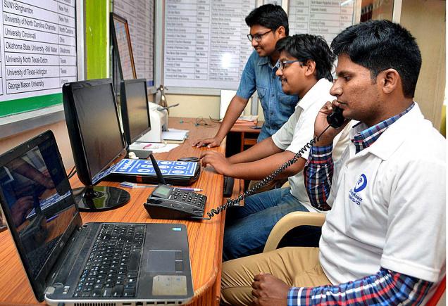 Joel, Durga Prasad and Naveen who launched the start-up 'simply knock' at their office in Guntur.— PHOTO: T. VIJAYA KUMAR